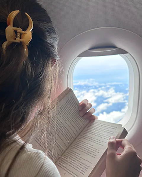 Reading by a plane window